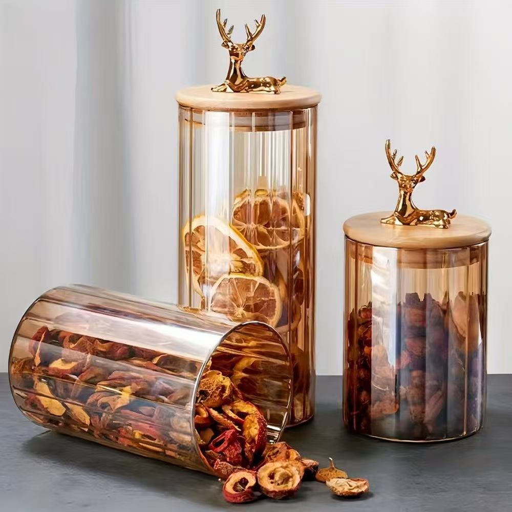 MARINA AMBER GLASS ELK STORAGE JAR – VERTICAL STRIPE CONTAINER