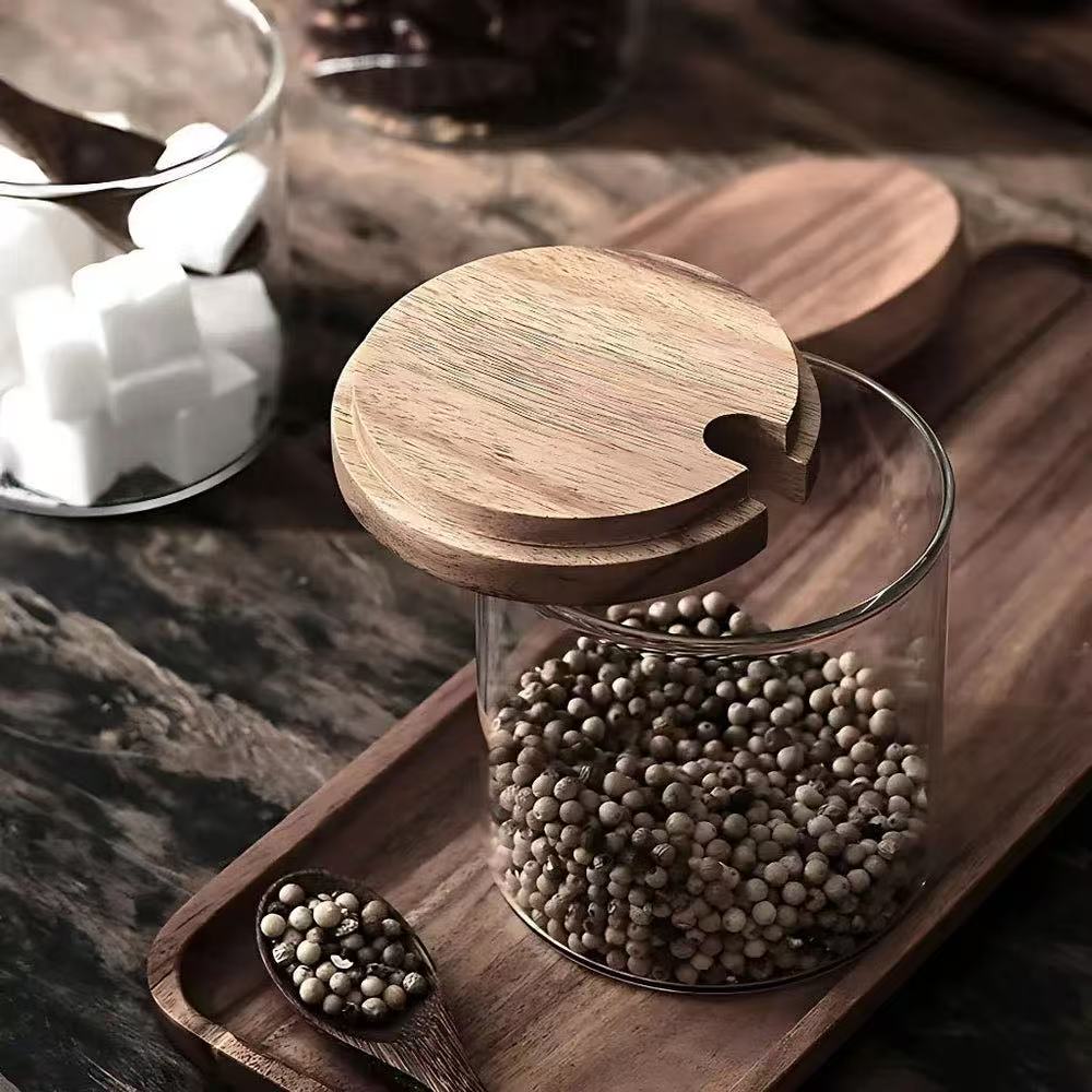 WOODEN LID GLASS SEASONING JAR SET – RUSTIC KITCHEN ORGANIZER
