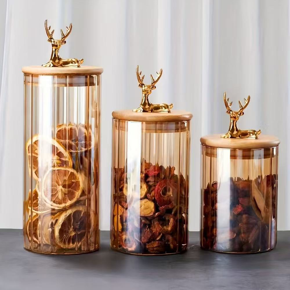 MARINA AMBER GLASS ELK STORAGE JAR – VERTICAL STRIPE CONTAINER