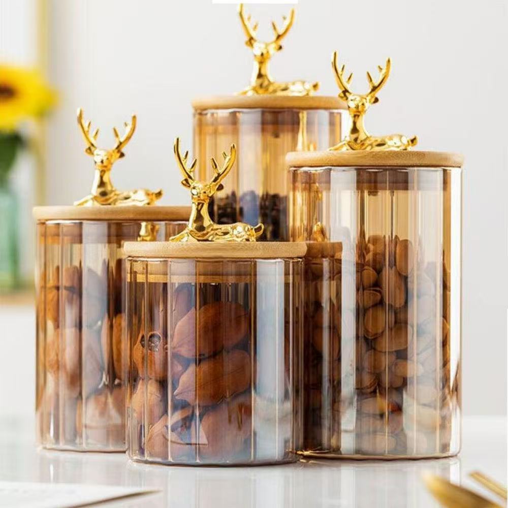 MARINA AMBER GLASS ELK STORAGE JAR – VERTICAL STRIPE CONTAINER