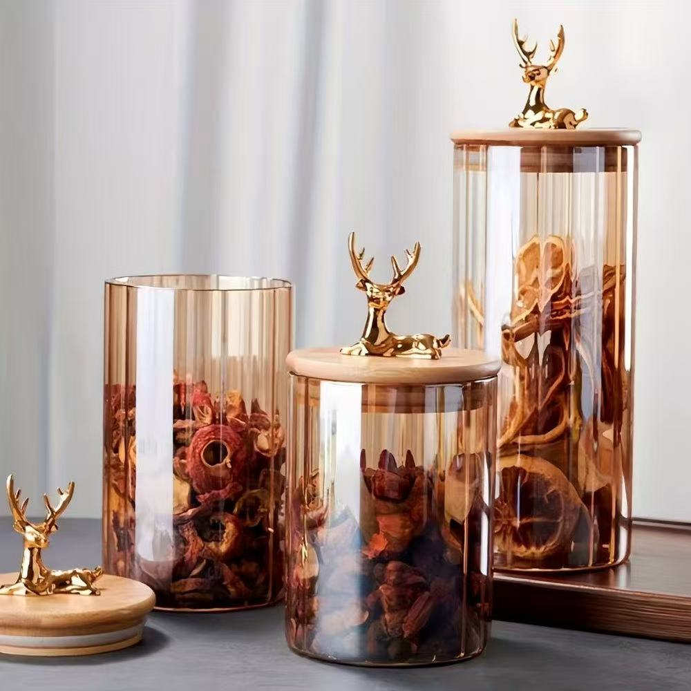 MARINA AMBER GLASS ELK STORAGE JAR – VERTICAL STRIPE CONTAINER