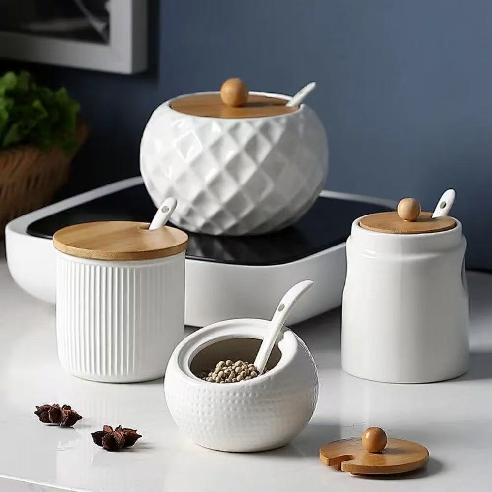 CERAMIC   SEASONING   JAR   WITH BAMBOO   LID   &   SPOON