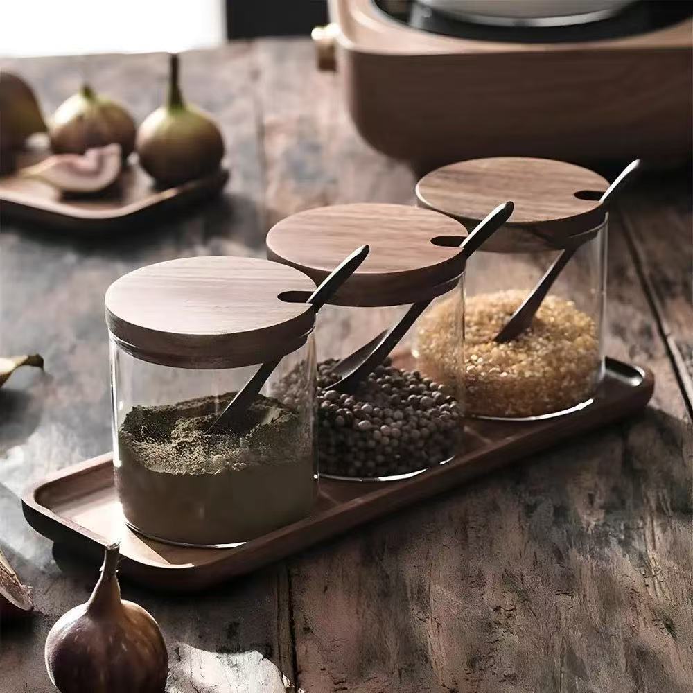 WOODEN   LID   GLASS   SEASONING JAR   SET   –   RUSTIC   KITCHEN   ORGANIZER