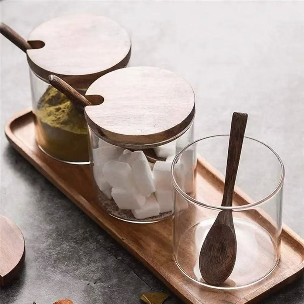 WOODEN   LID   GLASS   SEASONING JAR   SET   –   RUSTIC   KITCHEN   ORGANIZER