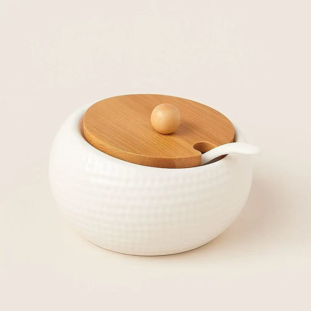 CERAMIC   SEASONING   JAR   WITH BAMBOO   LID   &   SPOON
