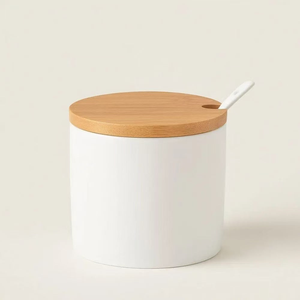 CERAMIC   SEASONING   JAR   WITH BAMBOO   LID   &   SPOON