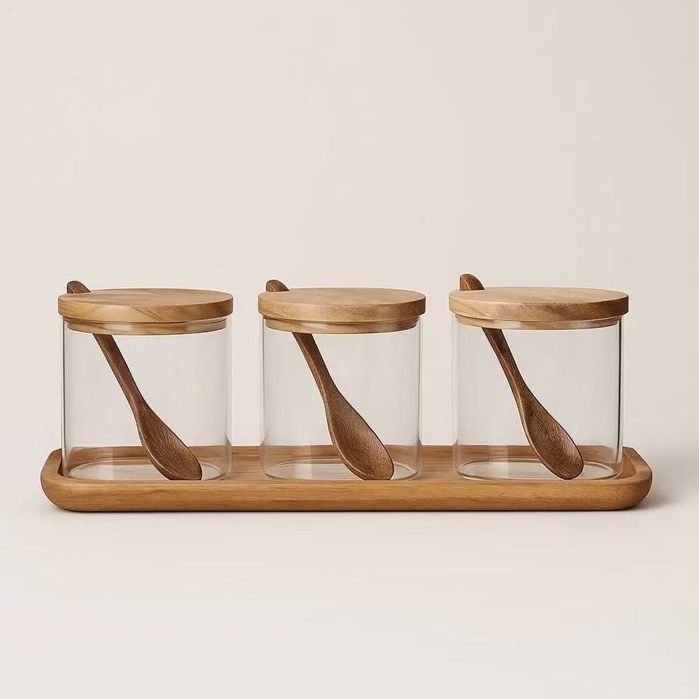 WOODEN   LID   GLASS   SEASONING JAR   SET   –   RUSTIC   KITCHEN   ORGANIZER
