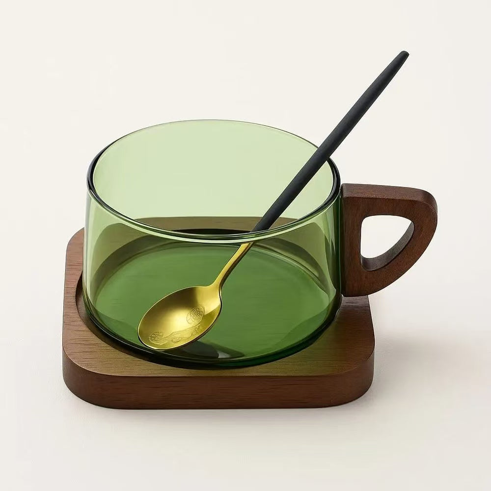 AURORA   WOODEN   HANDLE   GLASS   CUP   SET