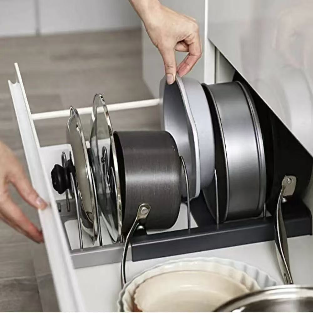 ADJUSTABLE   STAINLESS   STEEL   POT   LID ORGANIZER