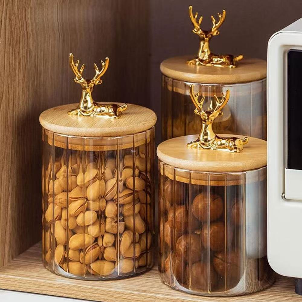 MARINA   AMBER   GLASS   ELK   STORAGE   JAR   – VERTICAL   STRIPE   CONTAINER