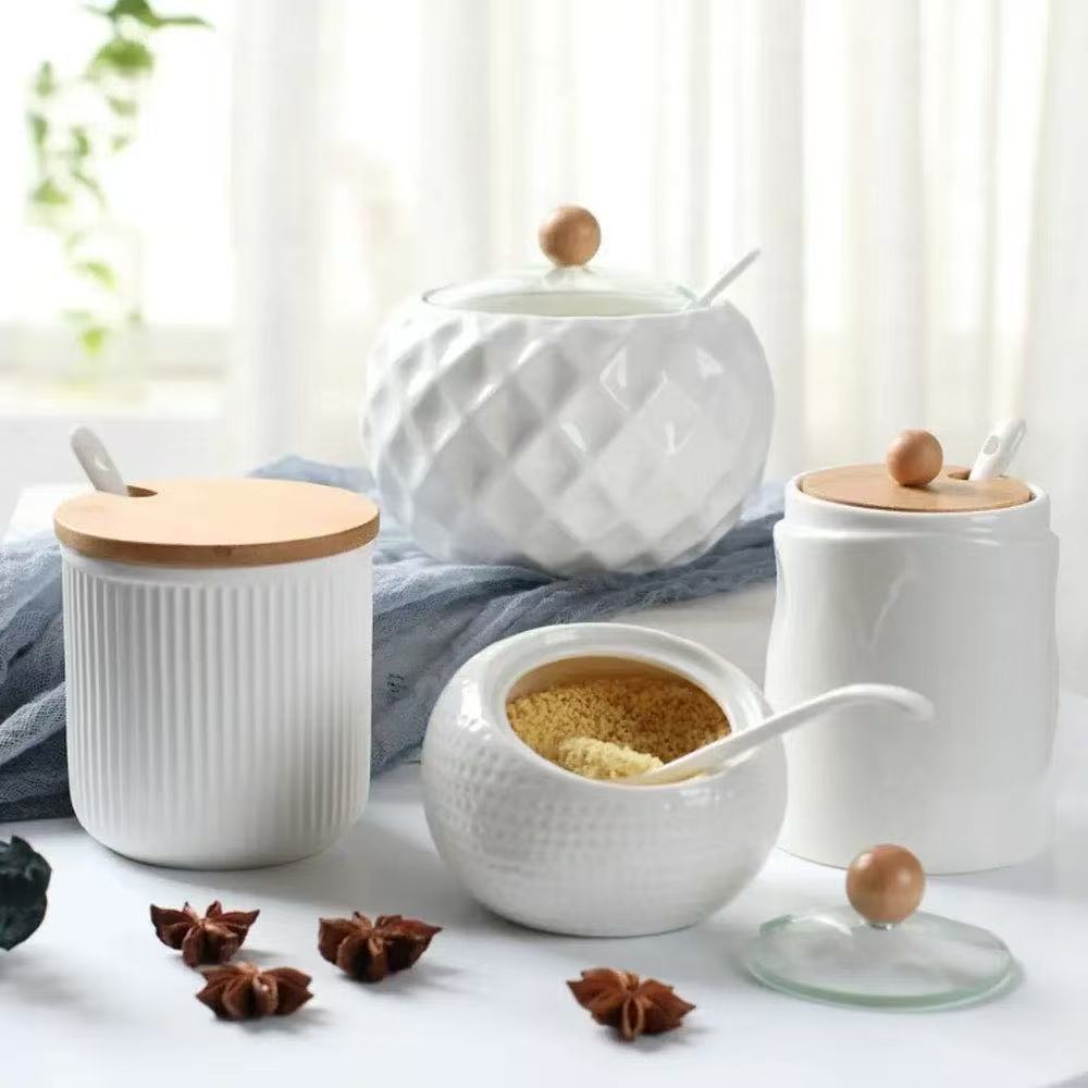 CERAMIC   SEASONING   JAR   WITH BAMBOO   LID   &   SPOON