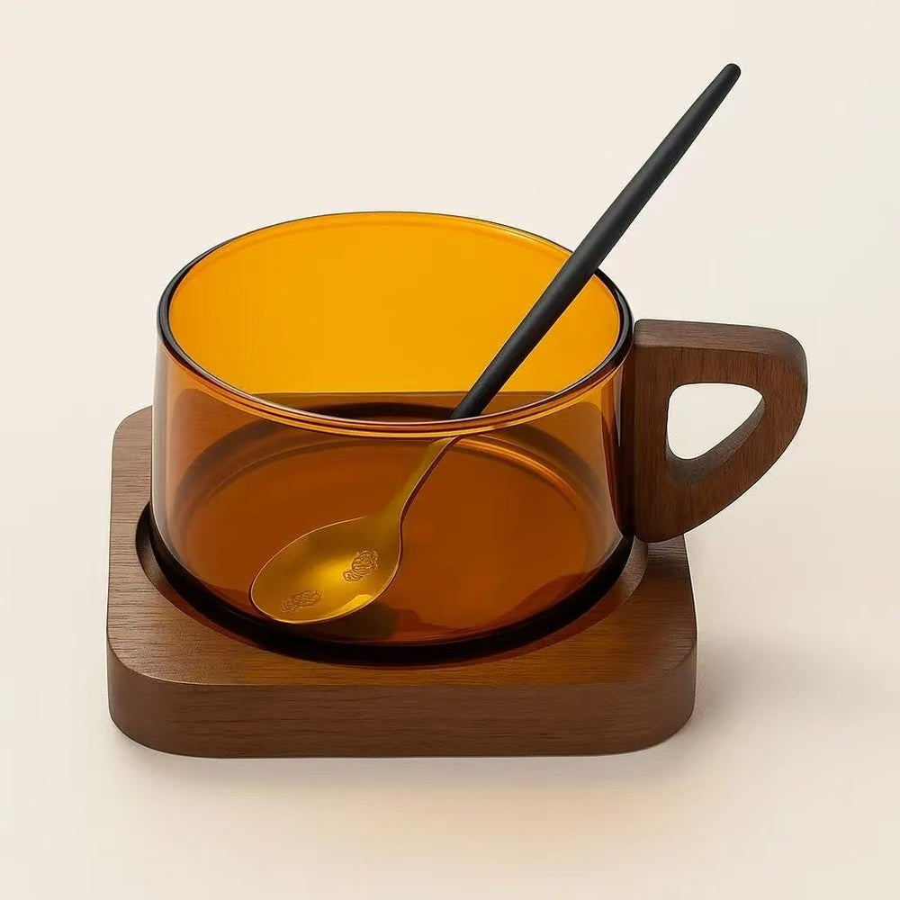 AURORA   WOODEN   HANDLE   GLASS   CUP   SET